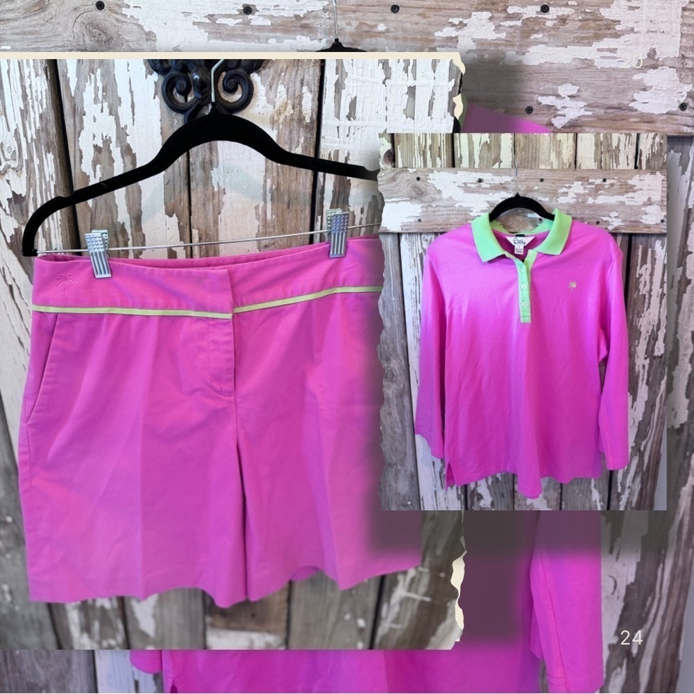 Lilly Pulitzer Pink and Green Polo Shirt & Short Set Vintage XL & Size 10